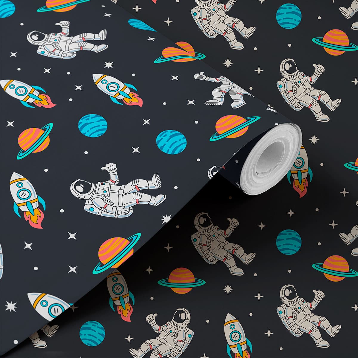 Space Doodle Pattern Wallcovering for Kids Room shown in a room