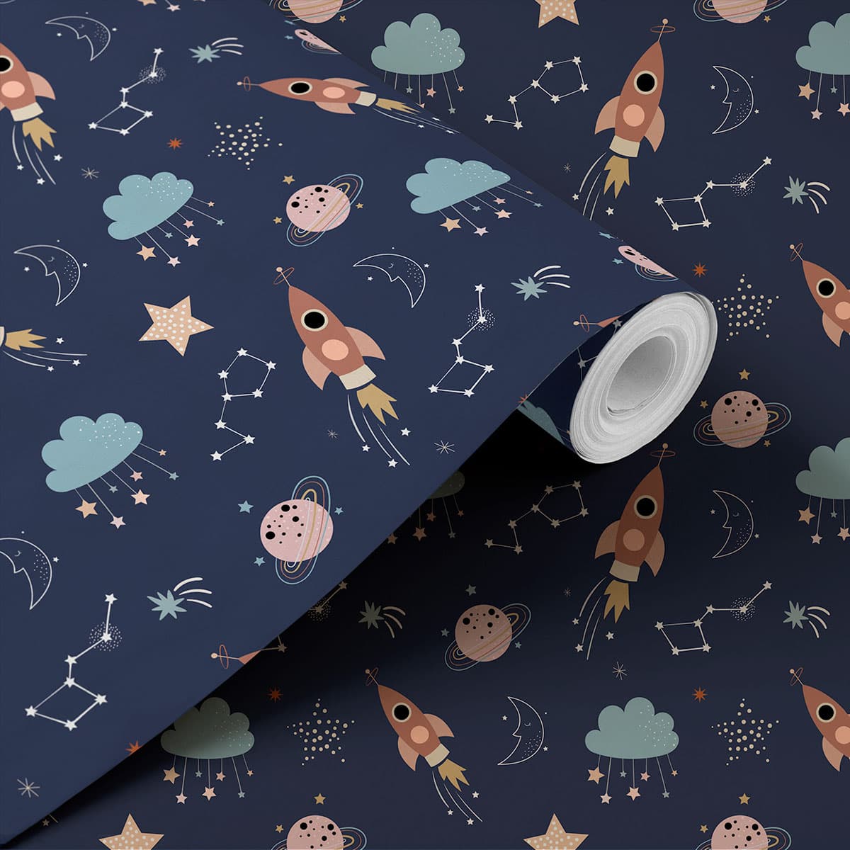 Space Theme Wallpaper for Nursery and Kids Room shown in a room