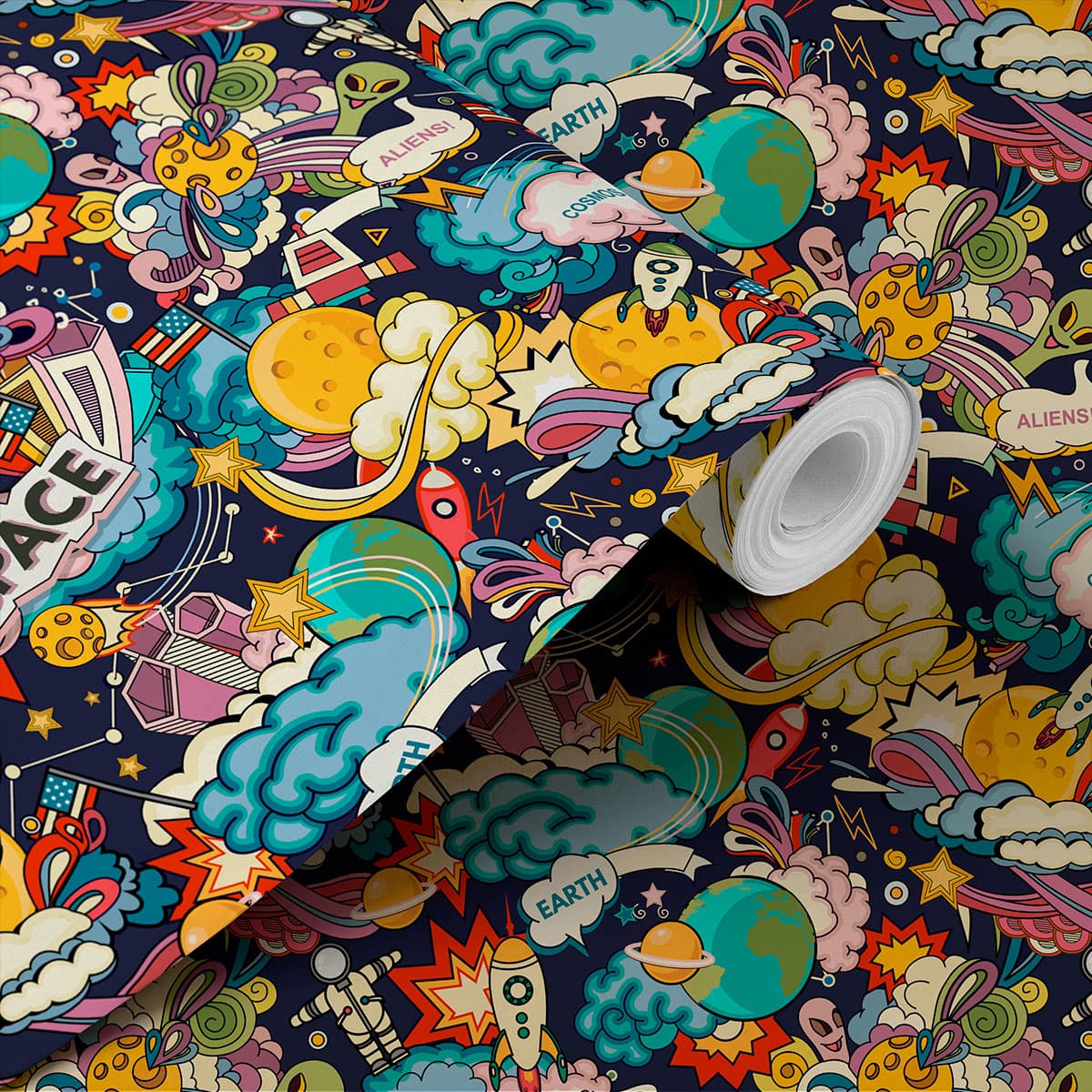 Galactic Adventure Wallcovering for Kids Room shown in a room