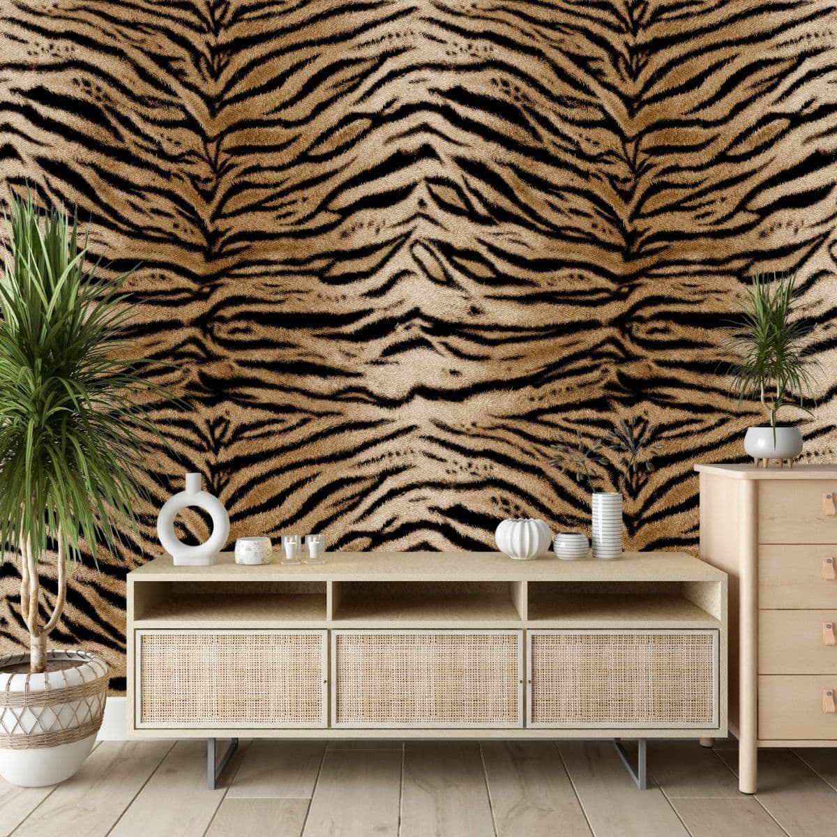 Wild Tiger Skin Pattern Wallpaper for Wall shown in a room