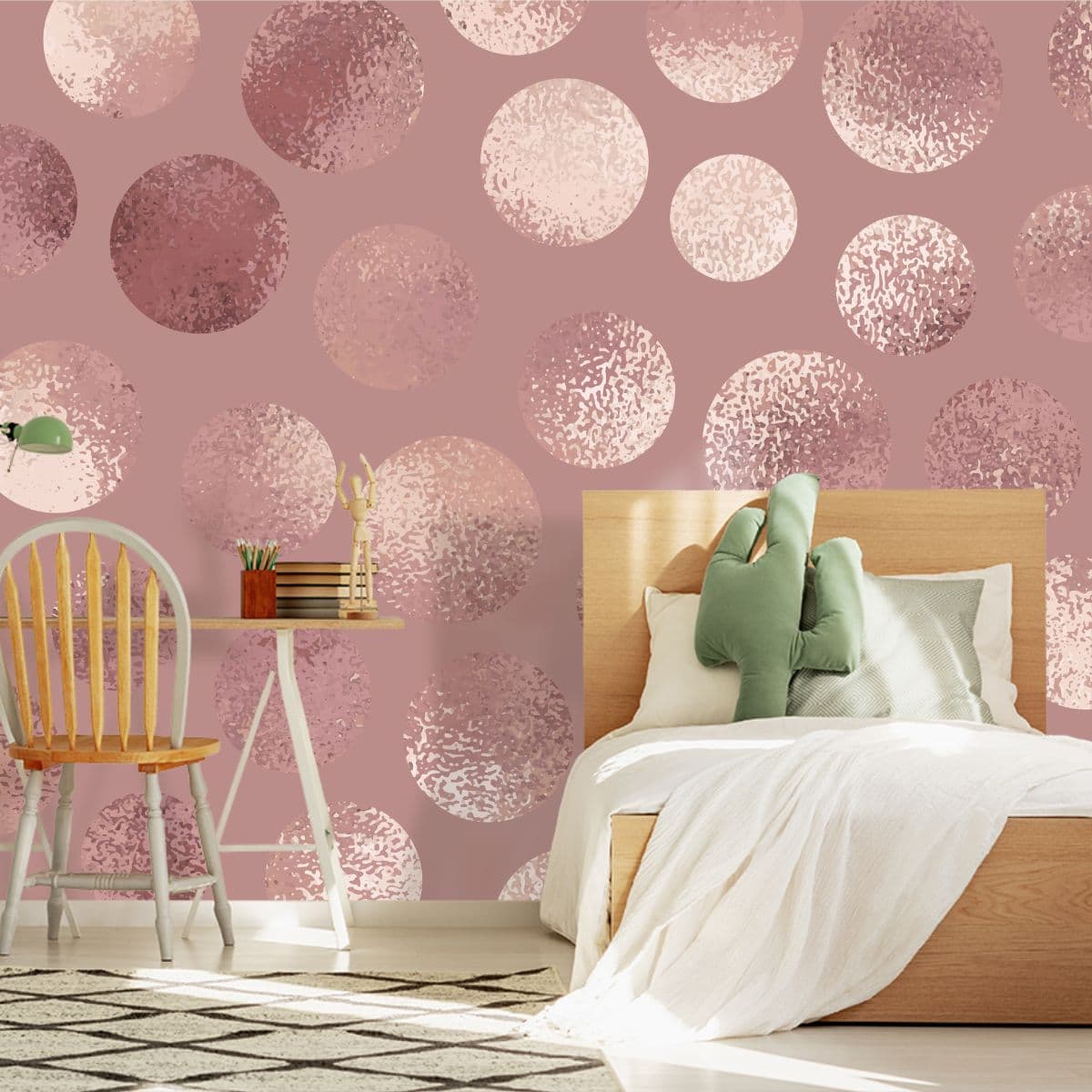 Luxury Rose Gold Circles Abstract Home Wallpaper shown in a room