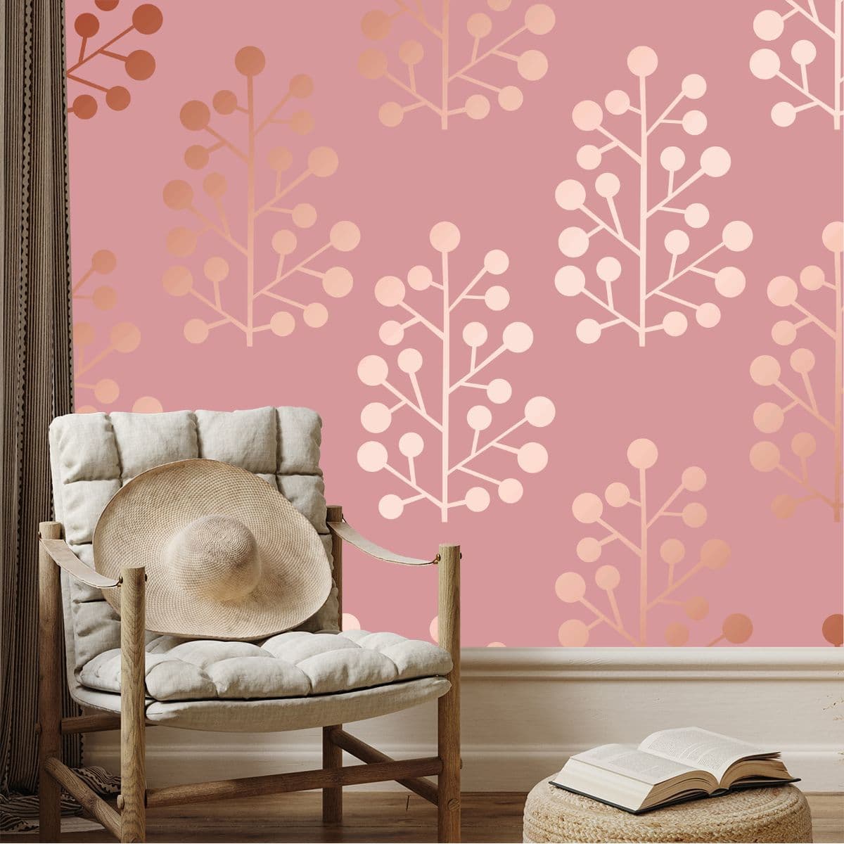 Floral Pattern Rose Gold Mural Wallpaper shown in a room