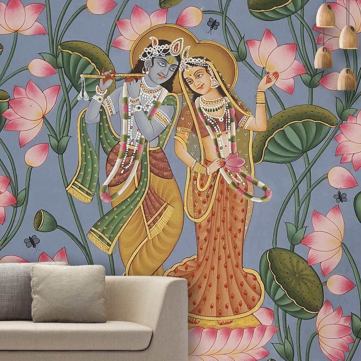 Radha Krishna Wallpaper shown in a room