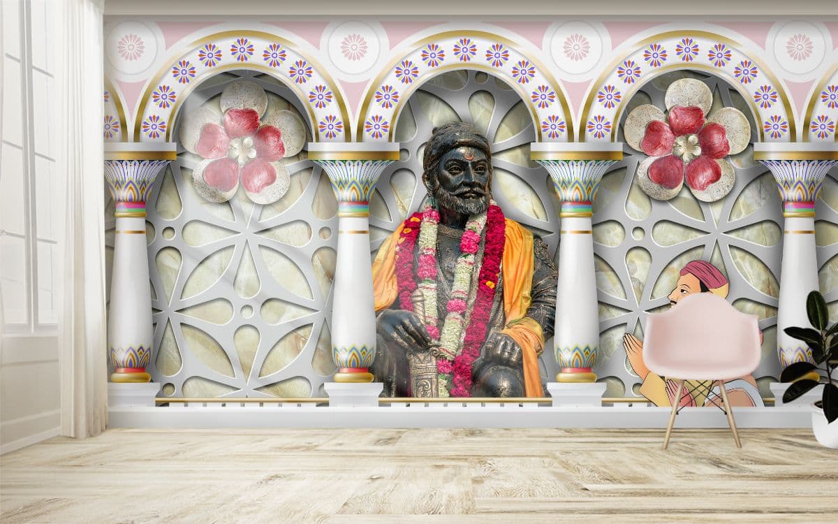 3D Wallpaper of Chhatrapati Shivaji Maharaj shown in a room