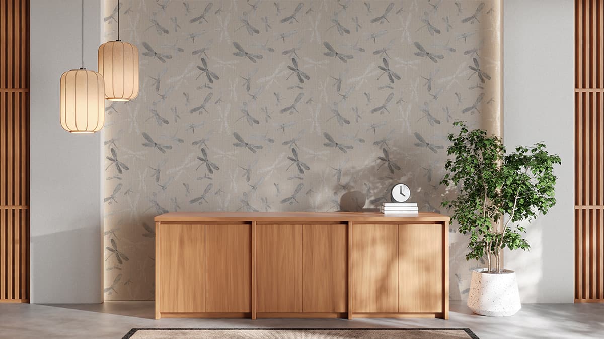 Dragonfly, Japandi Style Wallpaper shown in a room