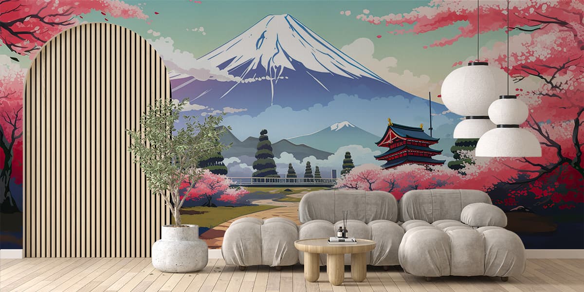 Mount Fuji in Sakura Colors Japandi Wallpaper shown in a room