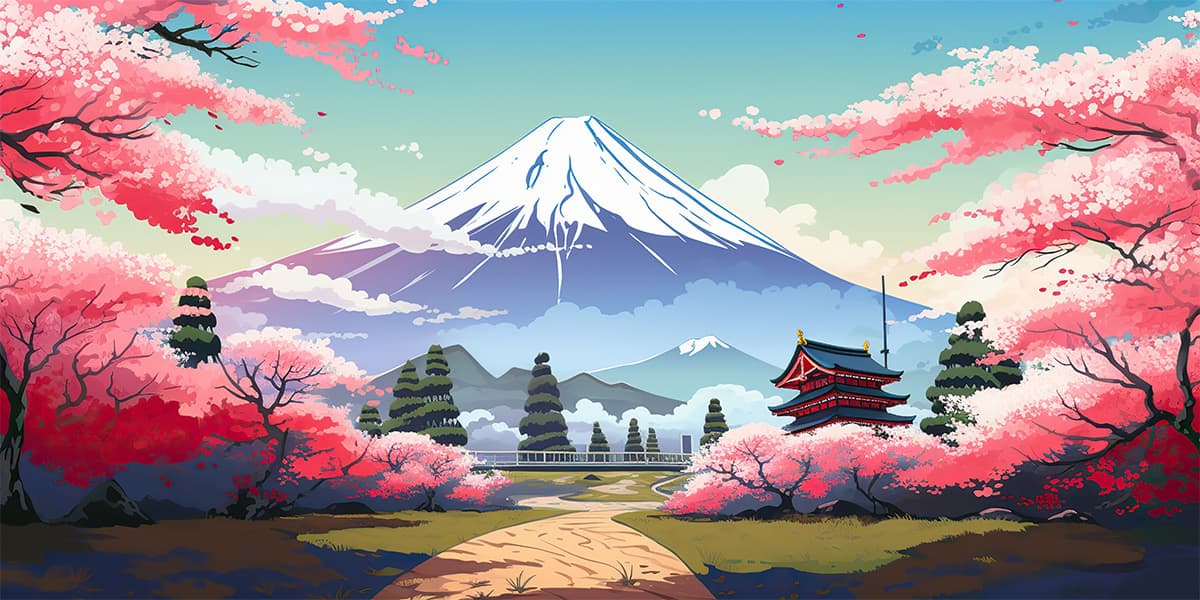 Mount Fuji in Sakura Colors Japandi Wallpaper pattern detail