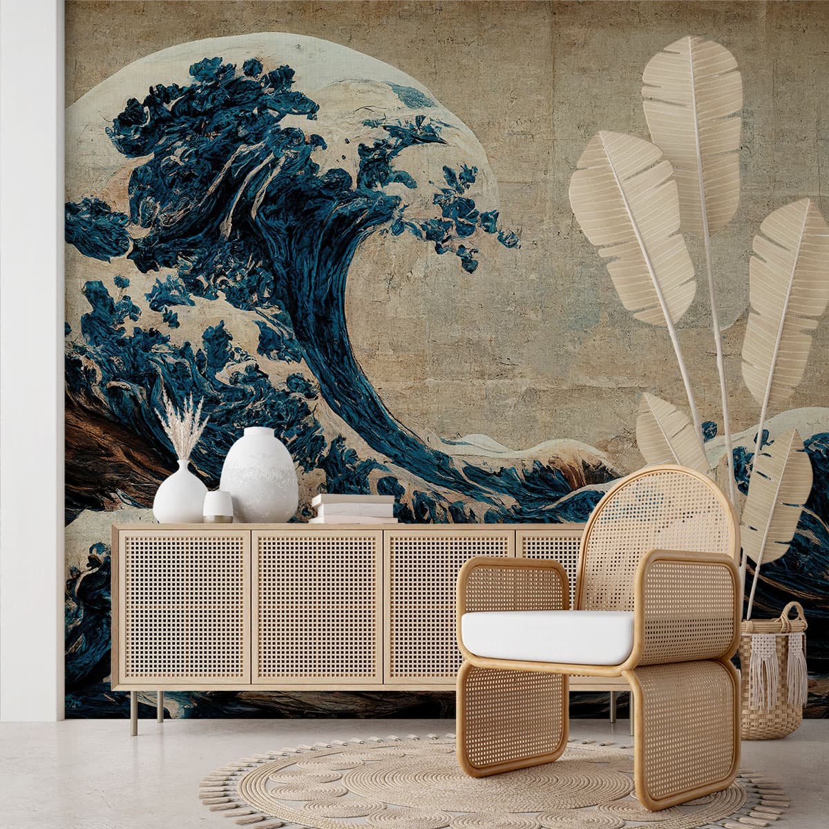 Great Wave in Ocean Japandi Style Wallpaper shown in a room