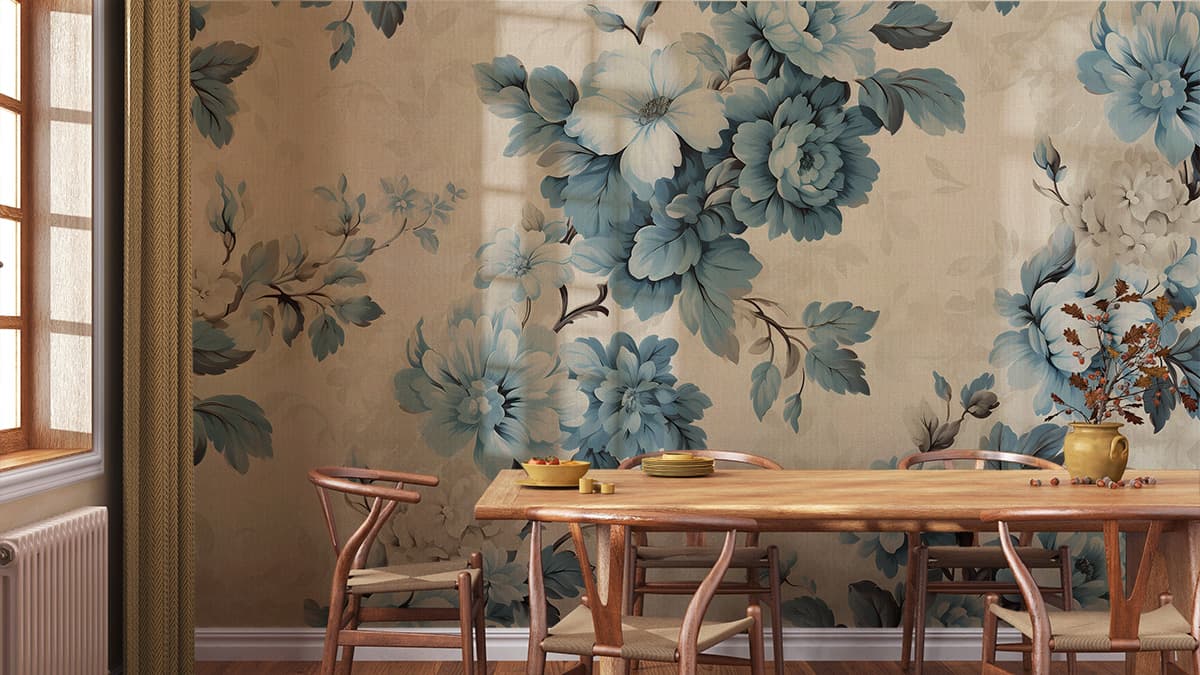 Vintage Floral Boho Wallpaper Japandi Style shown in a room
