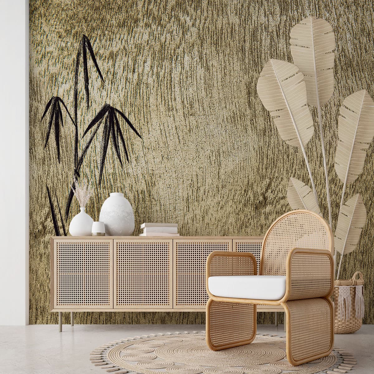 Gold Wooden Texture Japandi Style Wallpaper shown in a room