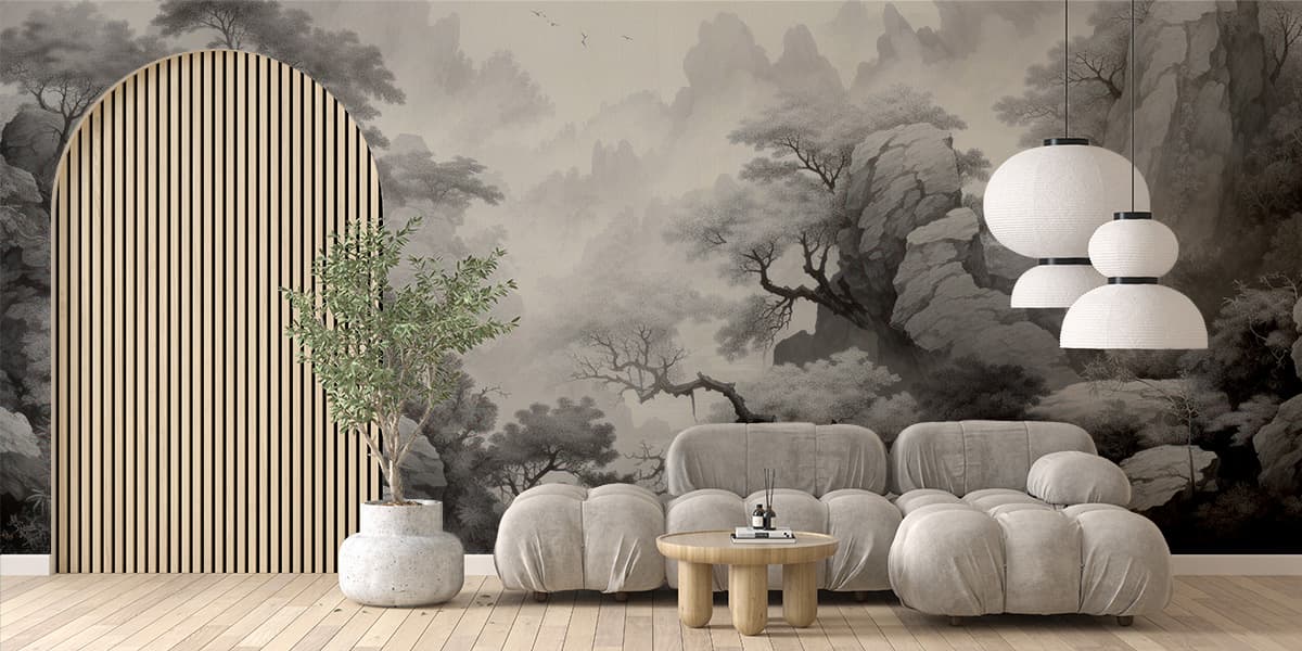 Woodland Serenity Japandi Style Wallpaper shown in a room
