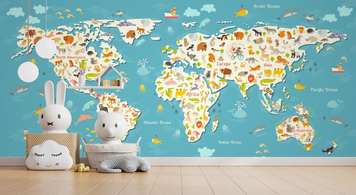 Animals World Map Wallpaper for Wall shown in a room