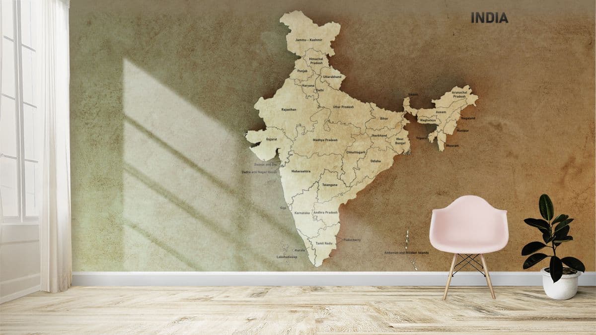 3D India Map With States Name Wallpaper for Wall shown in a room