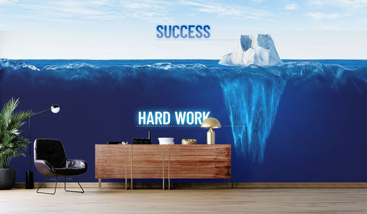 3D Effect Hardwork and Success Office Wallpaper shown in a room