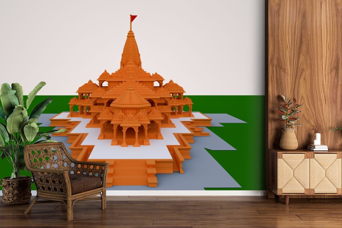 3D Ram Mandir Ayodhya Wallpaper for Home shown in a room