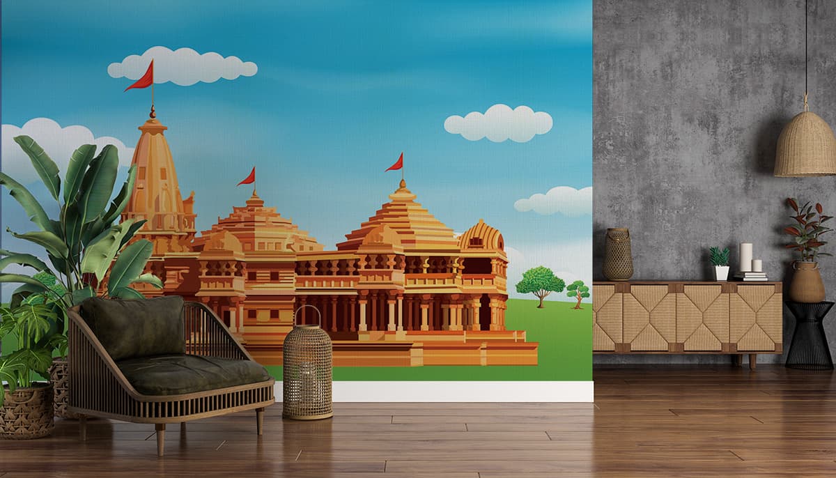Ram Mandir Scenery Wallpaper Mural shown in a room
