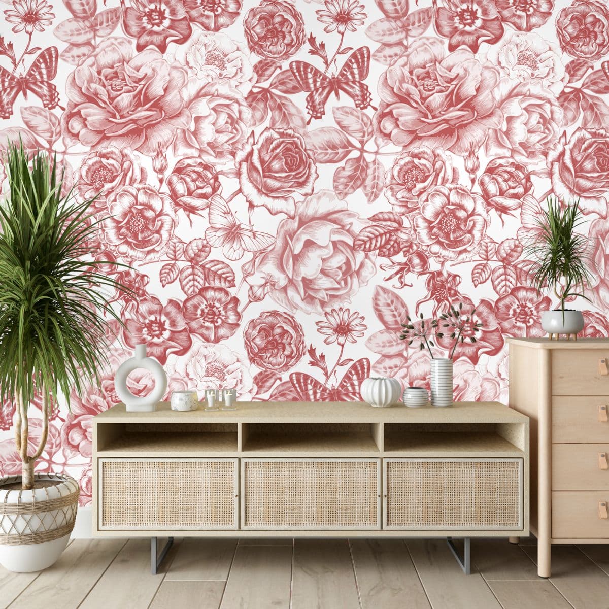 Beautiful Pink Roses Bedroom Wallpaper shown in a room