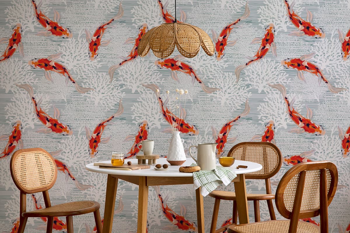 Elegant Koi Fish Mural Feng Shui Inspired Living Room Wallpaper shown in a room