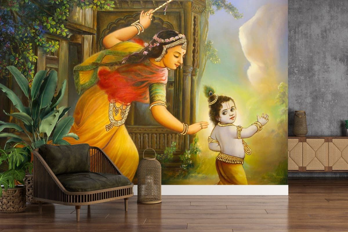 Maa Yashoda and Krishna Wallpaper for Wall shown in a room