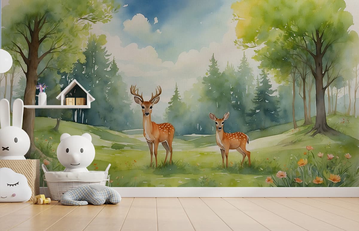 Elegant Woodland Deer Kids Room Wallpaper shown in a room