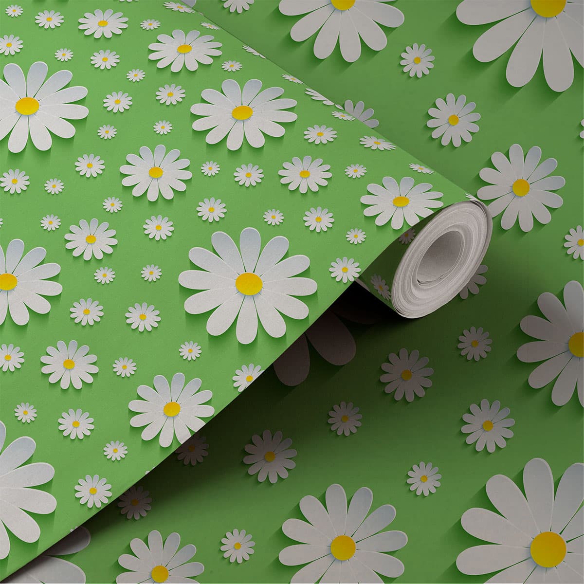 3D Effect Daisy Dreamscape Wallpaper shown in a room