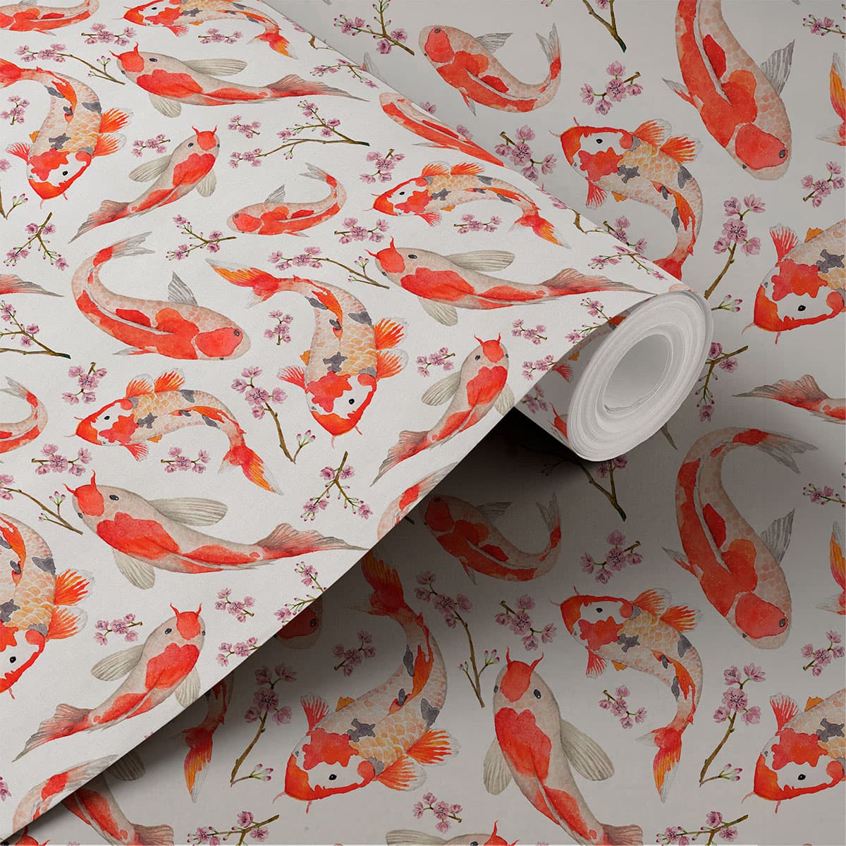 Beautiful Red Koi Fish Wallpaper Roll shown in a room