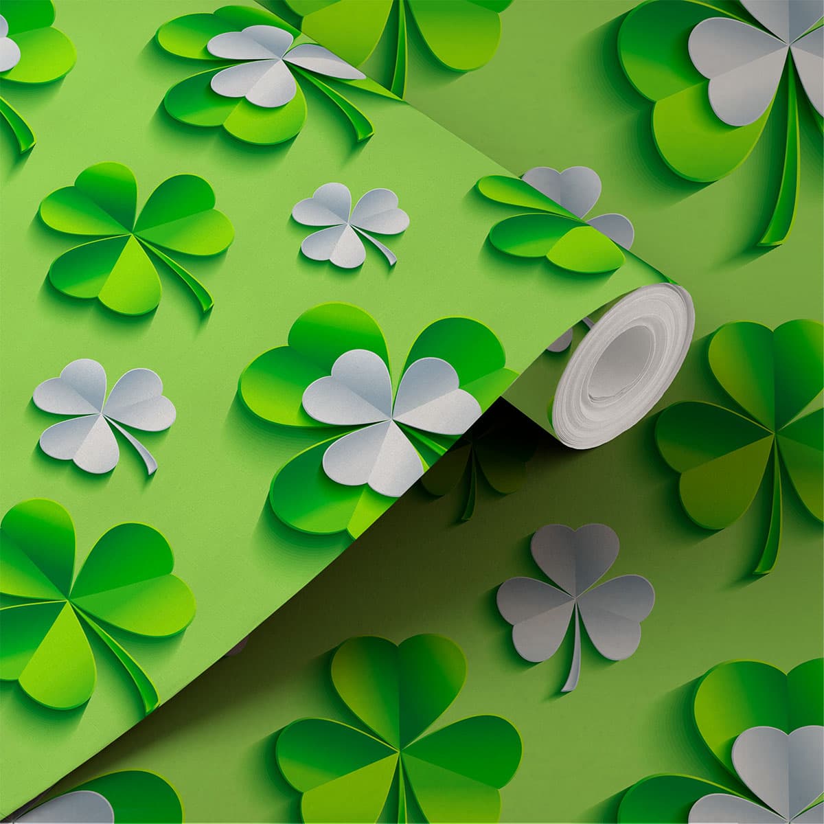 3D Serene Shamrock Leaves Pattern Wallpaper shown in a room