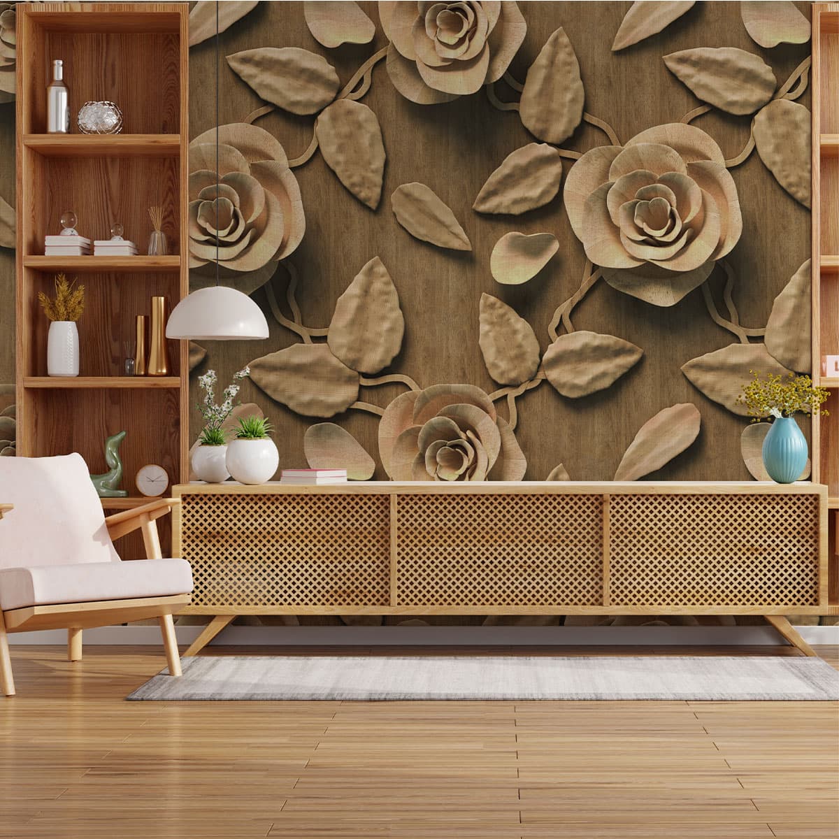 3D Wood Texture Rose Pattern Wallpaper pattern detail