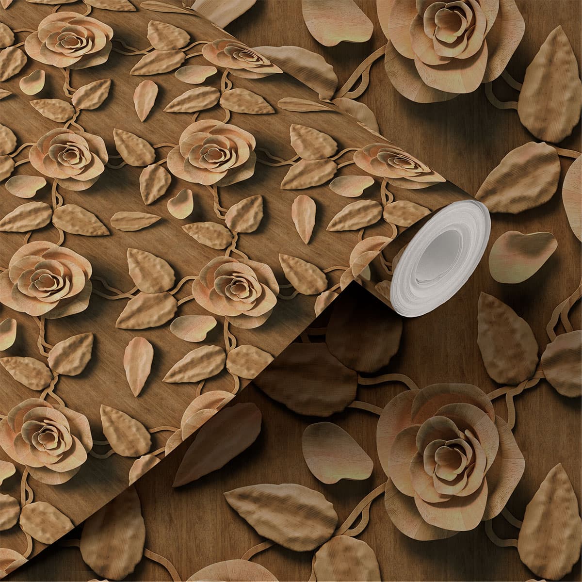 3D Wood Texture Rose Pattern Wallpaper shown in a room