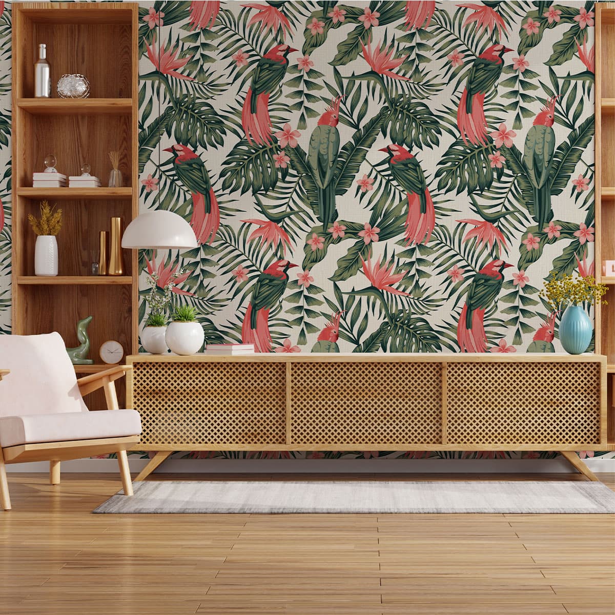 Leafy Haven with Exotic Birds Wallpaper pattern detail