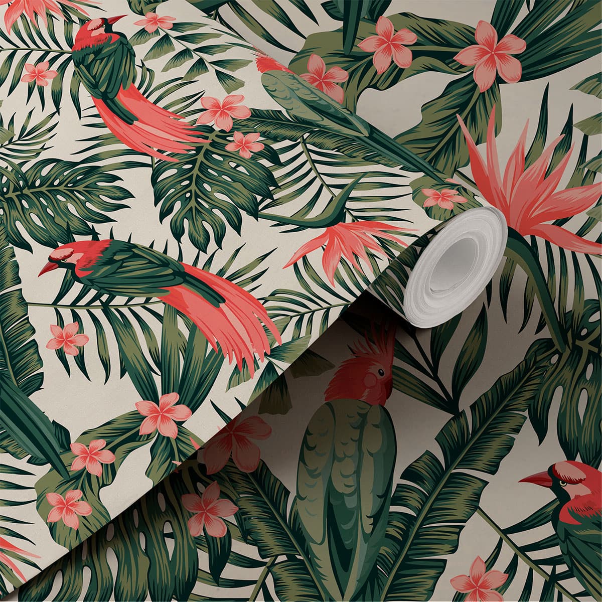 Leafy Haven with Exotic Birds Wallpaper shown in a room