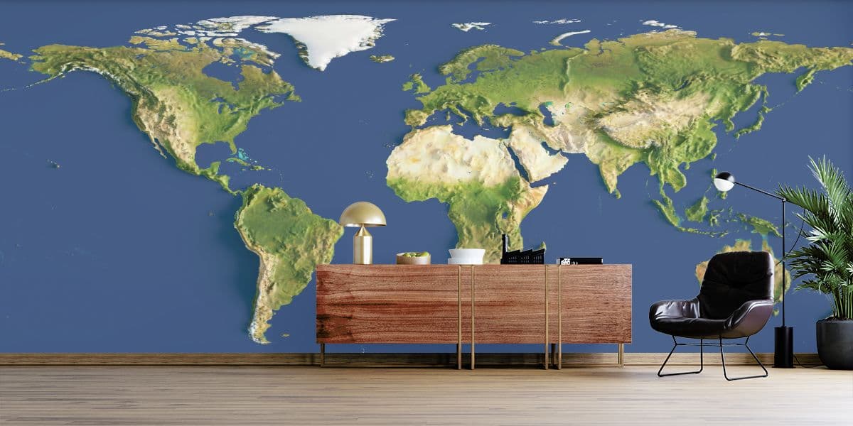 3D World Map Wallpaper for Wall shown in a room