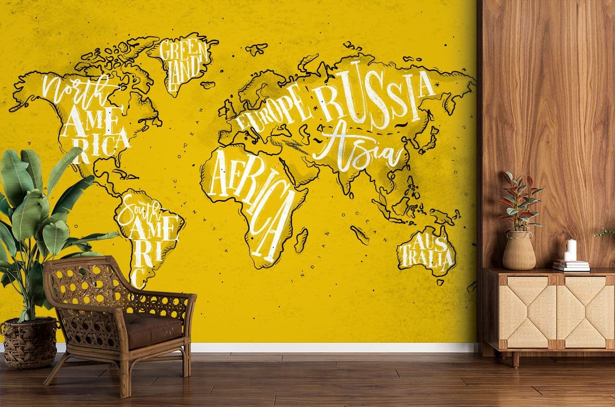 Continents, World Map Wallpaper shown in a room