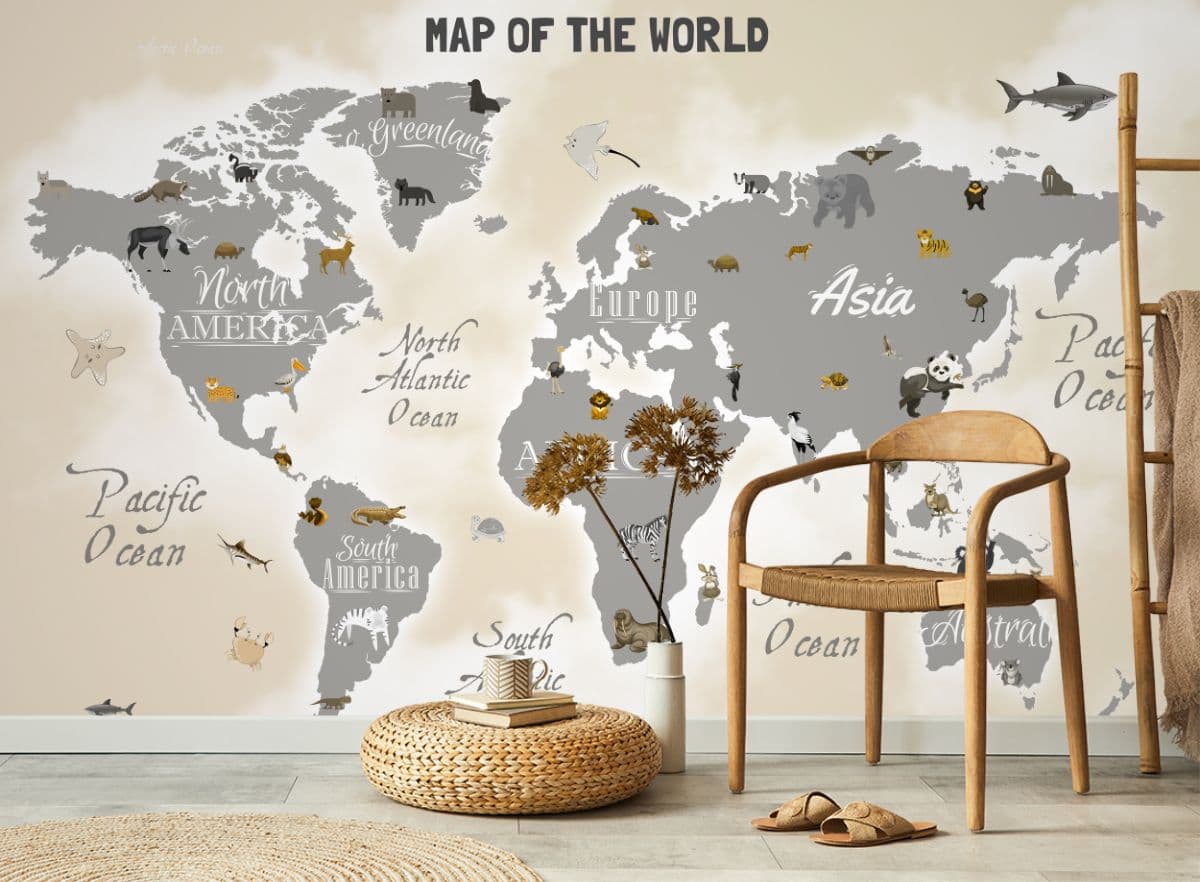 Vintage Style World Map Wallpaper shown in a room