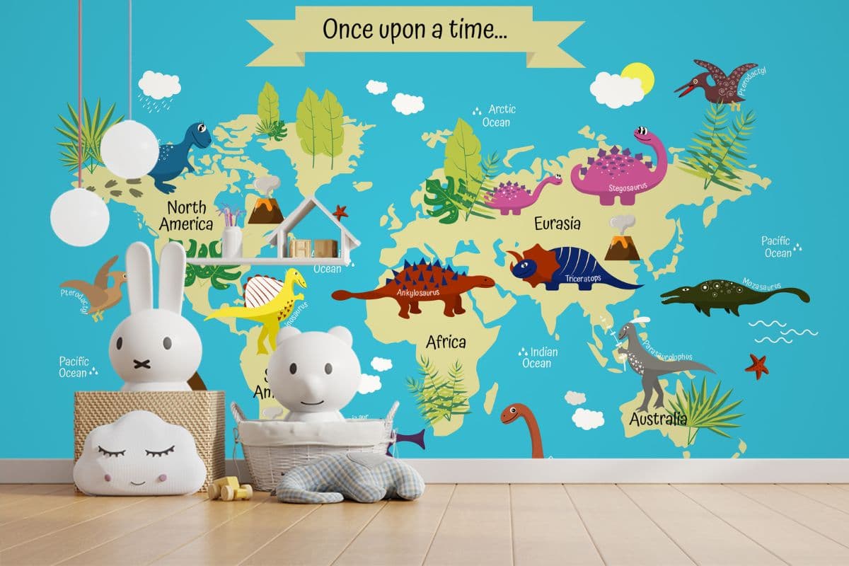 World Map Wallpaper With Dinosaurs shown in a room