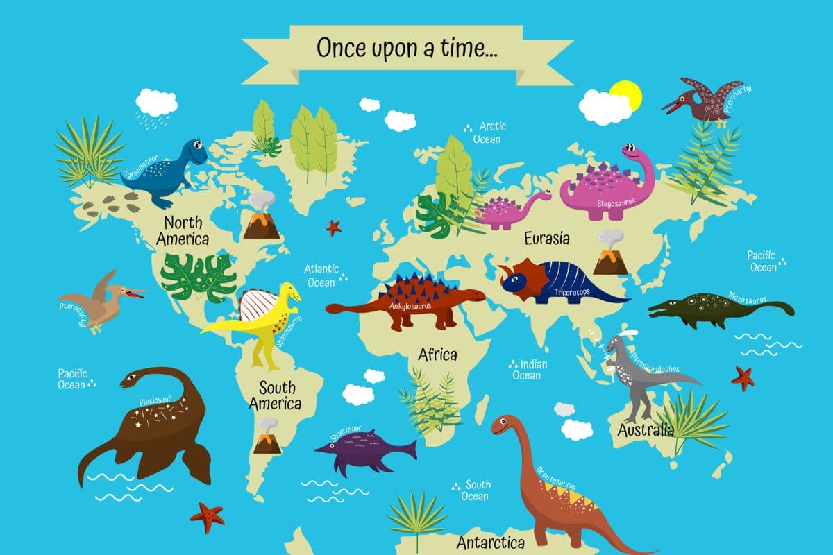 World Map Wallpaper With Dinosaurs pattern detail
