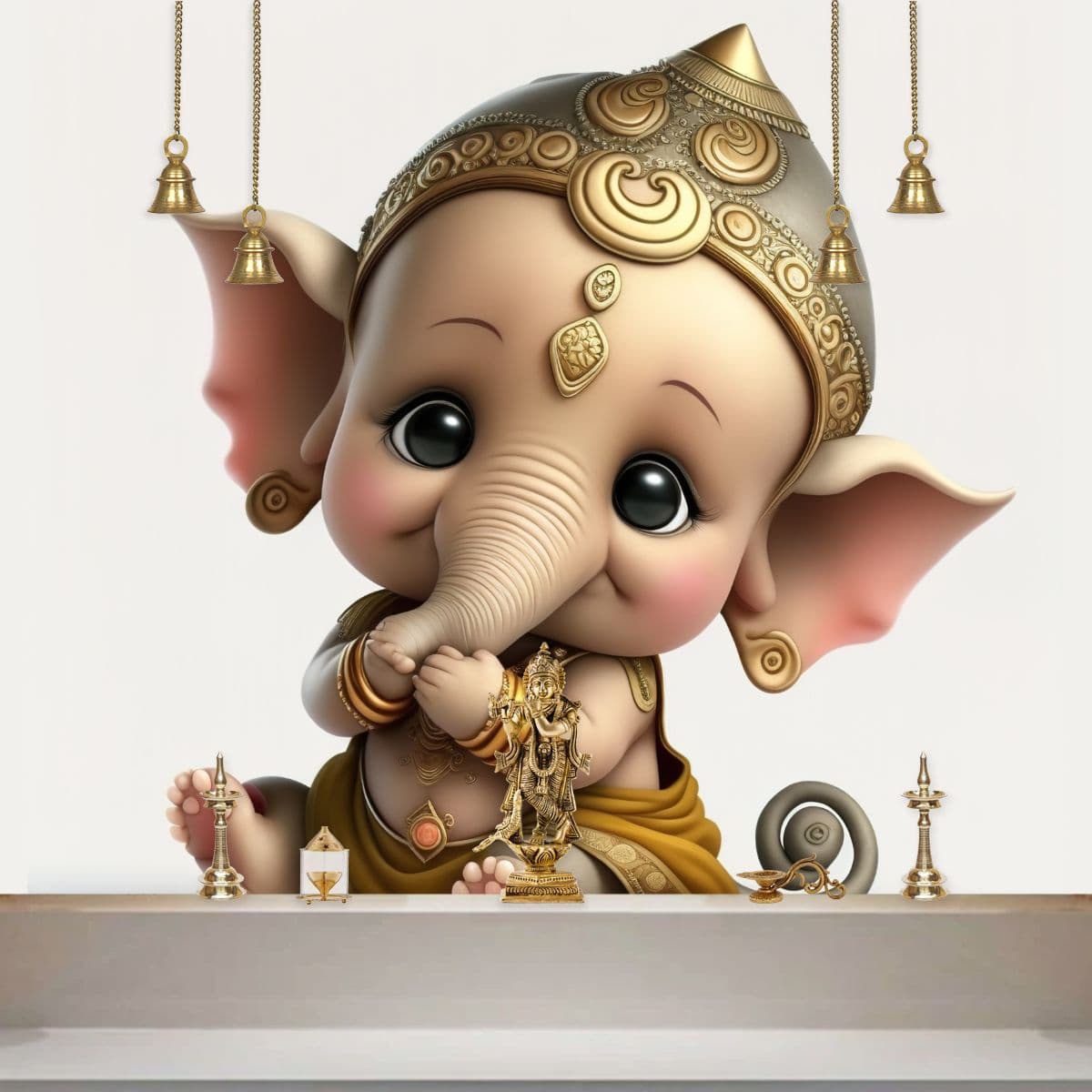 3D Cute Bal Ganesha Wallpaper for Pooja Room shown in a room