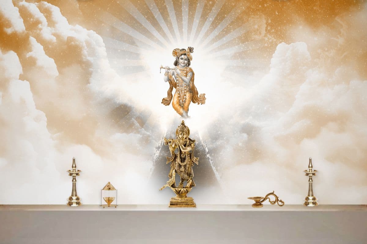 3D Krishna Wallpaper for Pooja Room shown in a room