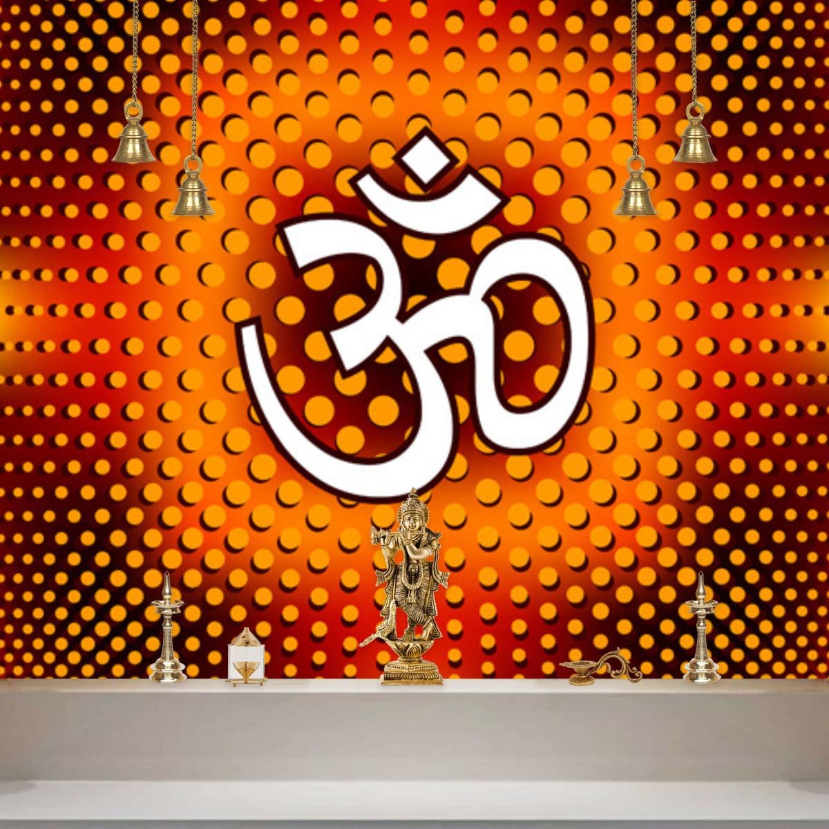 3D OM (Aum) Wallpaper Mural for Pooja Room shown in a room