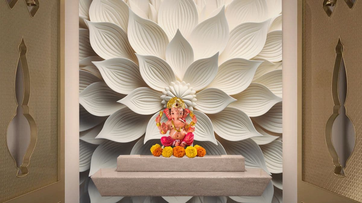 3D Serene White Flower Wallpaper for Pooja Room shown in a room