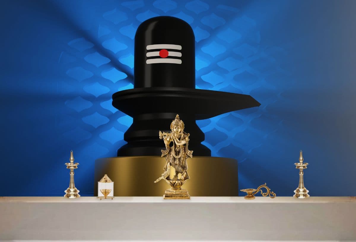 3D Shiv Lingam Wallpaper for Pooja Room shown in a room