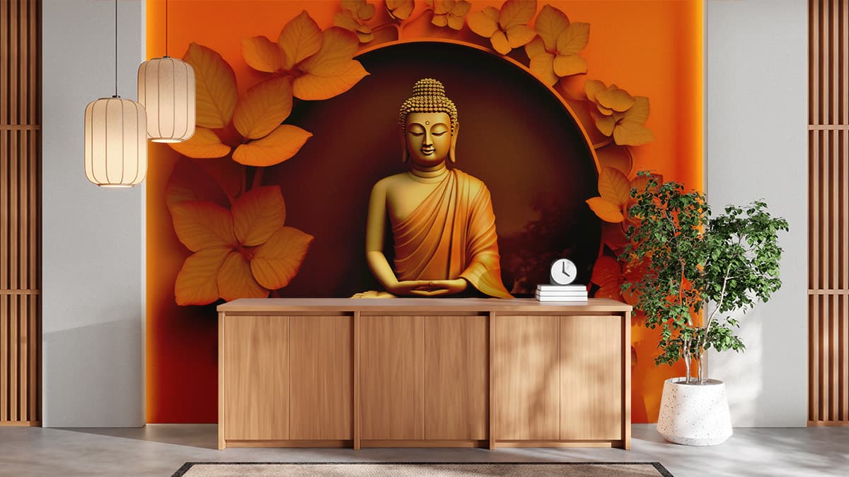 Buddham Sharnam, Serene Wallpaper for Home Wall shown in a room