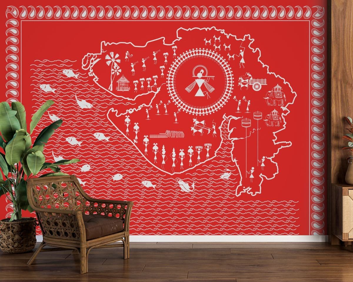 Gujarat Map in Warli Style Wallpaper for Wall shown in a room
