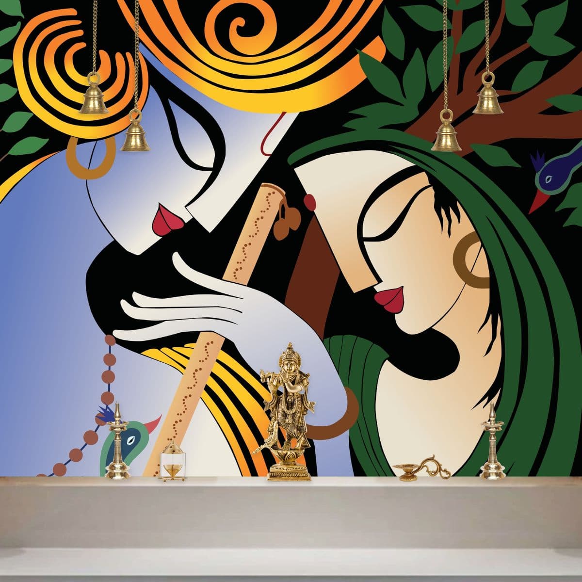 Radha Krishna Painting Style Wallpaper Mural shown in a room