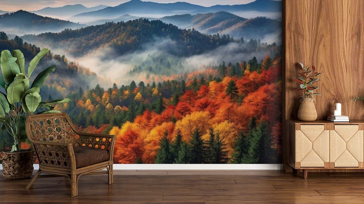 Autumn Aura Misty Retreat Wallpaper shown in a room