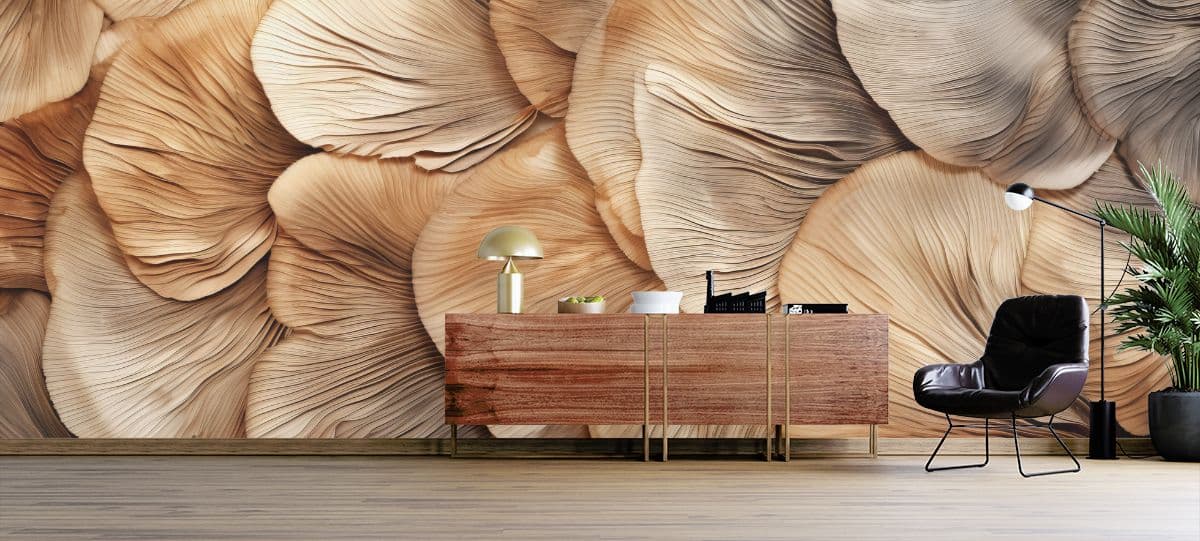 Earthy Enigma Mushroom Texture Wallpaper shown in a room