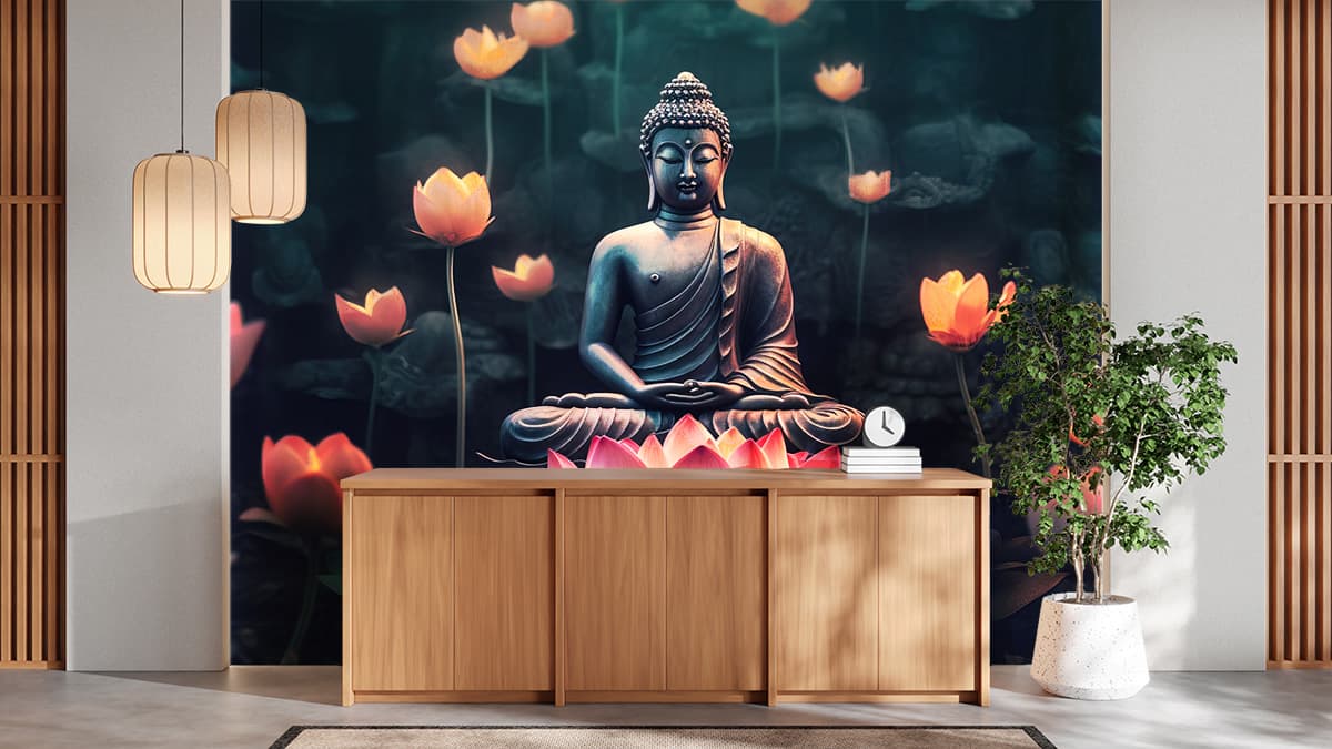 Enchanted Lotus Meditation with Buddha Wallpaper Mural shown in a room