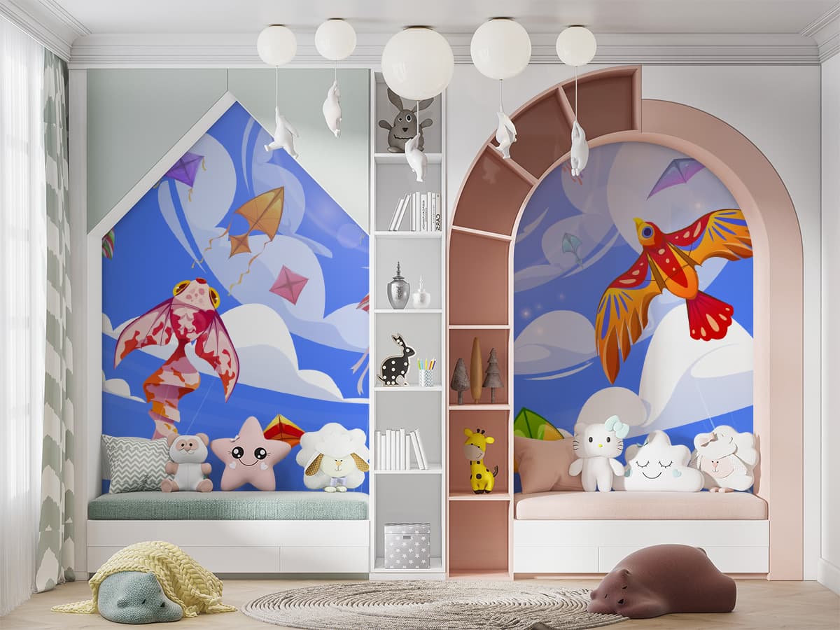 Colorful Kite Frenzy Pattern for Festive & Kids Room Wallpaper shown in a room