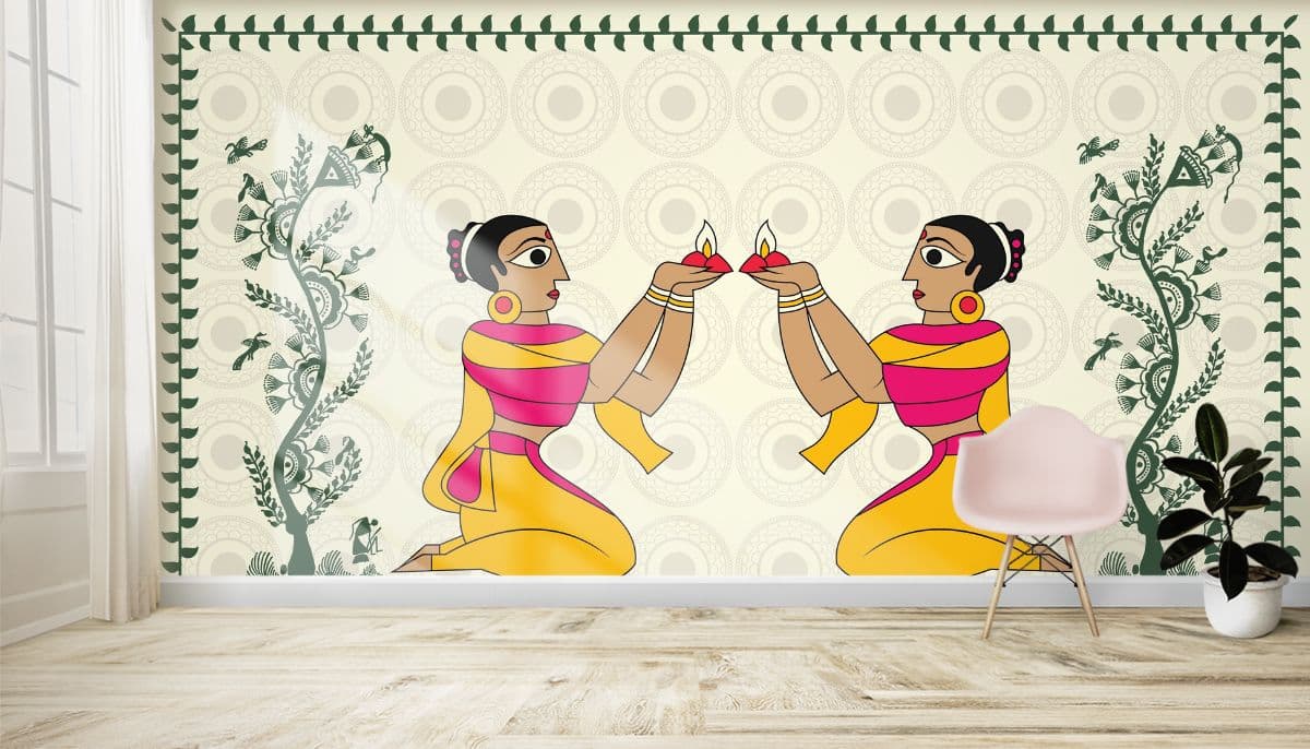 Radiant Lamp, Kalighat Art Wallpaper for Wall shown in a room