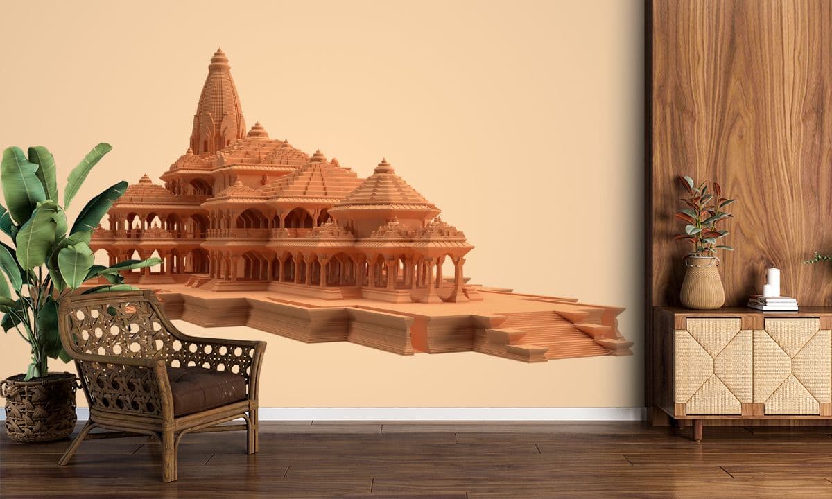 3D Ayodhya Ram Mandir Wallpaper for Wall shown in a room